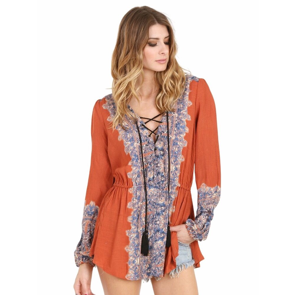 Free People Womens Wildest Moment Lace Up Tunic Persimmon Long Sleeve Boho Small